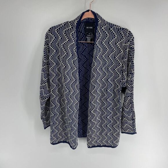 Nic + Zoe open front long sleeve blue white geometric cardigan sweater womens XS - Picture 1 of 6
